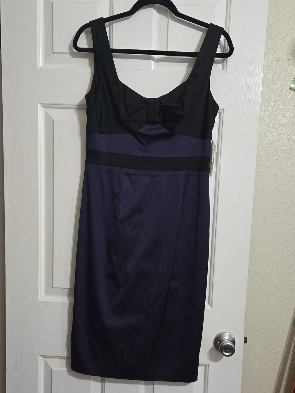 Vintage Donna Ricco Black and Purple Bow-Front Midi Sheath Dress